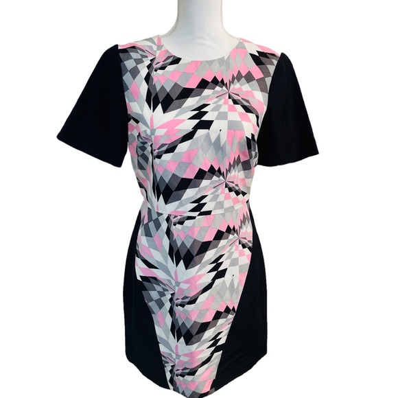 Tibi Black Pink White Abstract Color Block Silk Linen Dress Colorful Career Wear - Picture 2 of 11